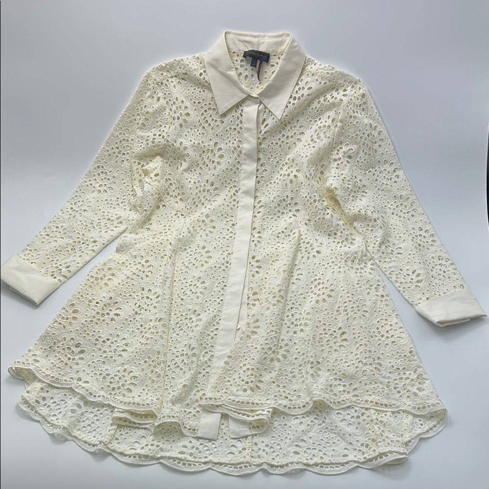 Donna Karan Eyelet Lace Shirt Dress Medium Coton Long Sleeve Elegant See Through